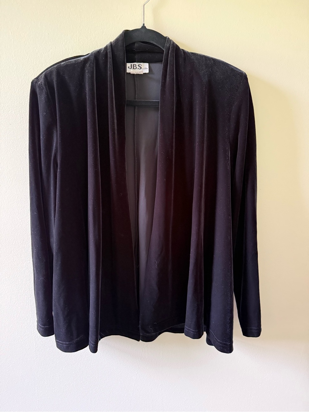 Vintage JBS Ltd Black Velvet Open Front Blazer Drapey Cardigan Jacket